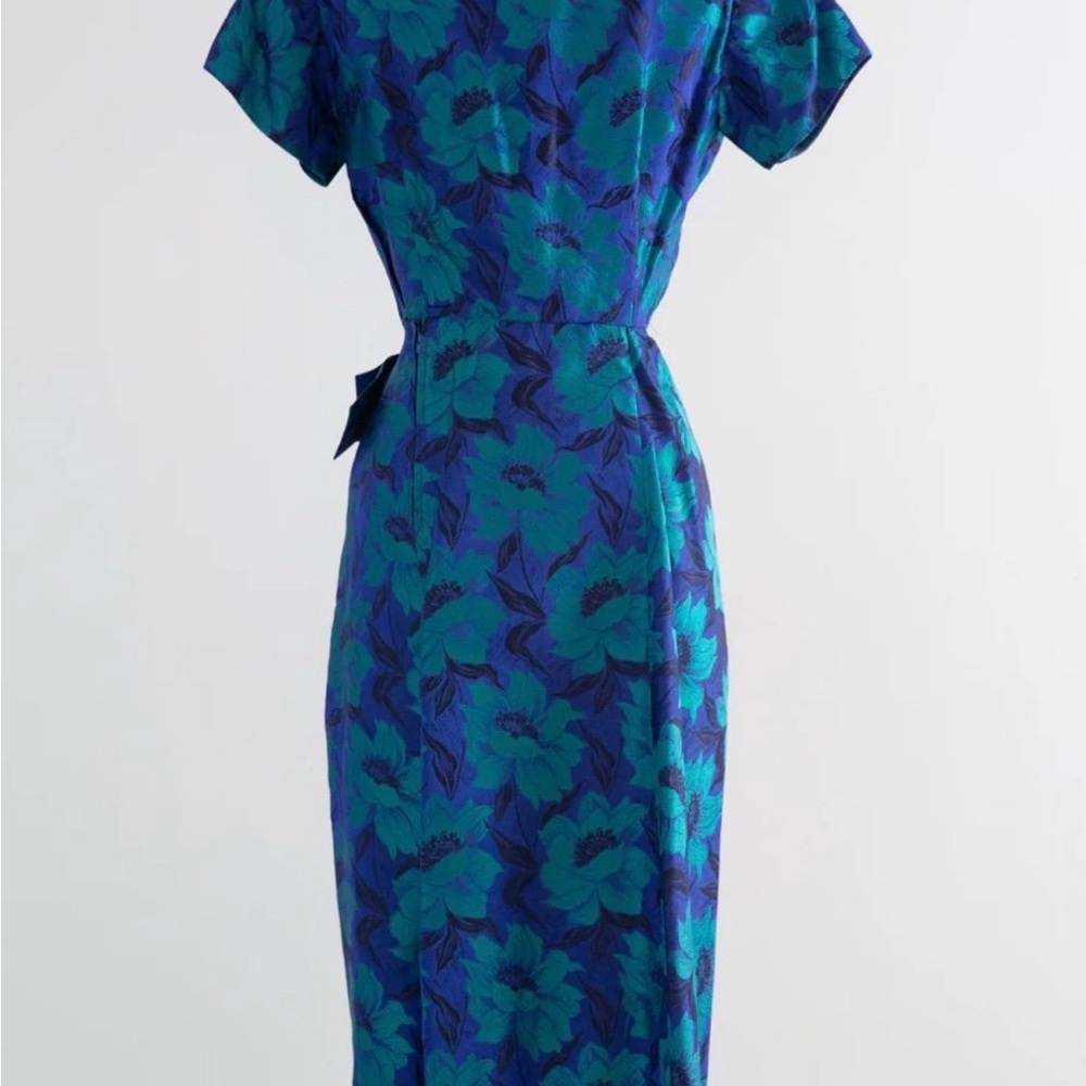 1950's Brilliant Blue & Green Floral Silk Brocade Cocktail Dress - Picture 4 of 6